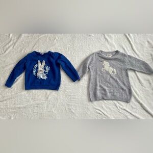 Gymboree Blue Bunny Sweater (2T) and Hatley Grey Unicorn (9-12 mo)
